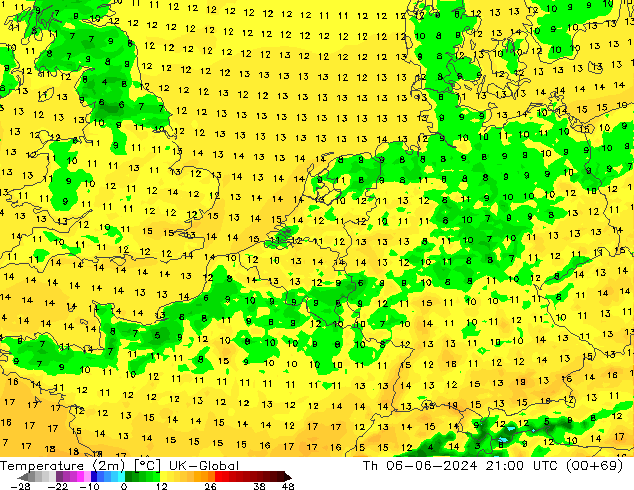 Temperatura (2m) UK-Global gio 06.06.2024 21 UTC