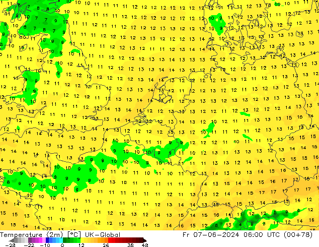 Temperatura (2m) UK-Global vie 07.06.2024 06 UTC