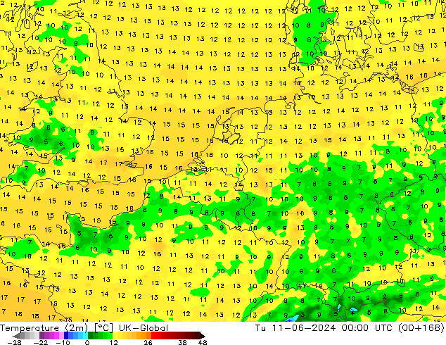 Temperatuurkaart (2m) UK-Global di 11.06.2024 00 UTC