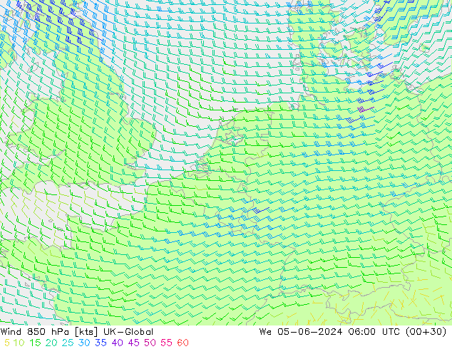 Wind 850 hPa UK-Global We 05.06.2024 06 UTC