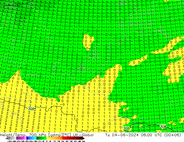 Height/Temp. 700 hPa UK-Global Di 04.06.2024 06 UTC