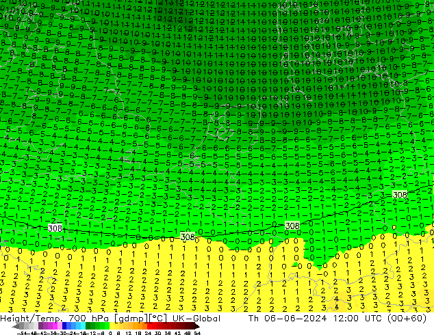 Height/Temp. 700 hPa UK-Global czw. 06.06.2024 12 UTC