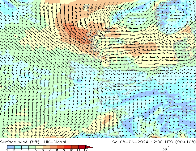 Surface wind (bft) UK-Global So 08.06.2024 12 UTC