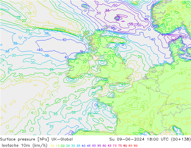 Isotachs (kph) UK-Global Ne 09.06.2024 18 UTC