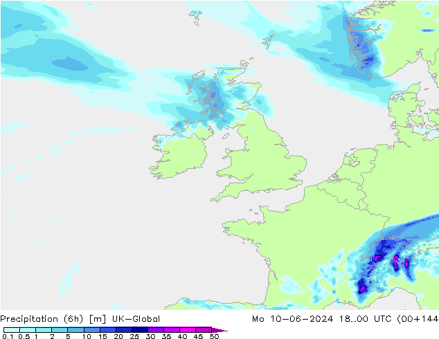 Precipitazione (6h) UK-Global lun 10.06.2024 00 UTC