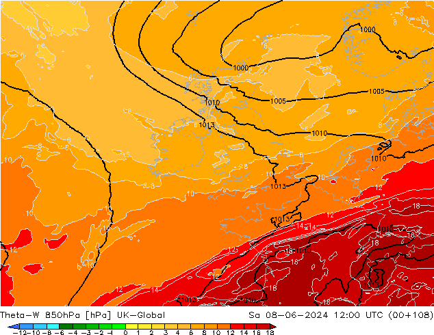 Theta-W 850hPa UK-Global za 08.06.2024 12 UTC