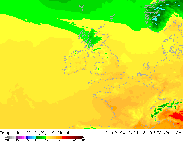 Temperature (2m) UK-Global Su 09.06.2024 18 UTC