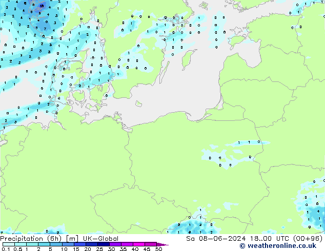 Totale neerslag (6h) UK-Global za 08.06.2024 00 UTC