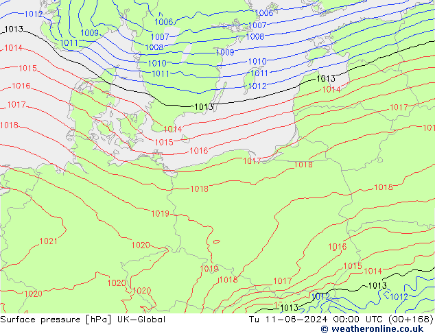 Surface pressure UK-Global Tu 11.06.2024 00 UTC