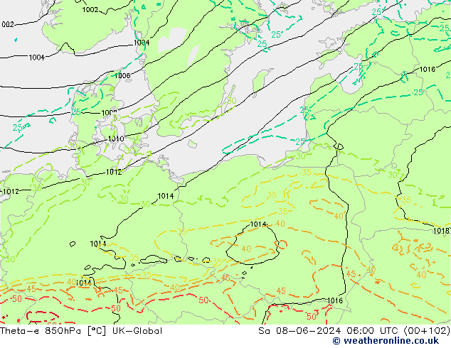 Theta-e 850hPa UK-Global Sa 08.06.2024 06 UTC