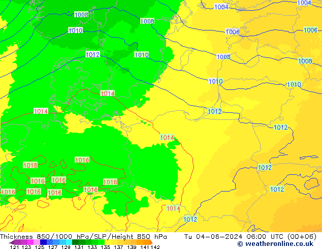 Thck 850-1000 hPa UK-Global Tu 04.06.2024 06 UTC