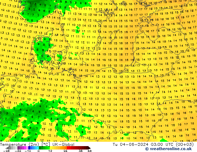 Sıcaklık Haritası (2m) UK-Global Sa 04.06.2024 03 UTC