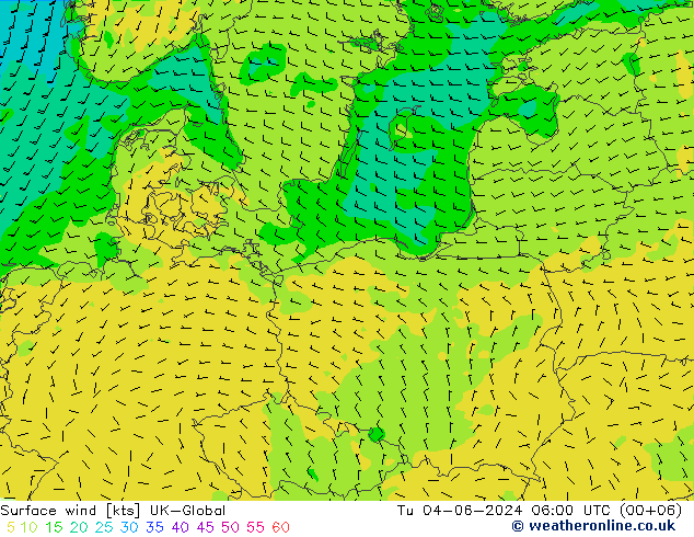 Surface wind UK-Global Tu 04.06.2024 06 UTC