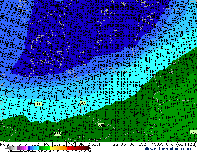 Height/Temp. 500 гПа UK-Global Вс 09.06.2024 18 UTC