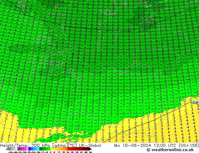 Height/Temp. 700 hPa UK-Global Mo 10.06.2024 12 UTC