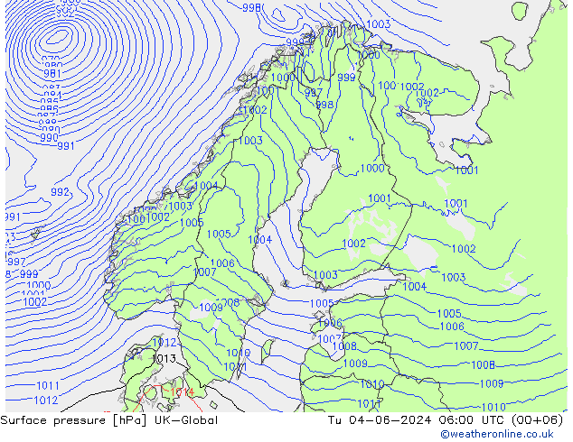 Surface pressure UK-Global Tu 04.06.2024 06 UTC