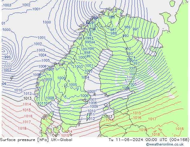 Surface pressure UK-Global Tu 11.06.2024 00 UTC