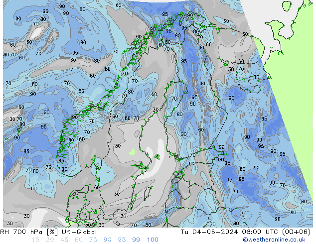 RH 700 hPa UK-Global 星期二 04.06.2024 06 UTC