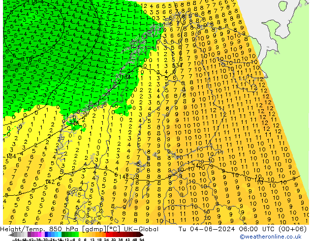 Geop./Temp. 850 hPa UK-Global mar 04.06.2024 06 UTC