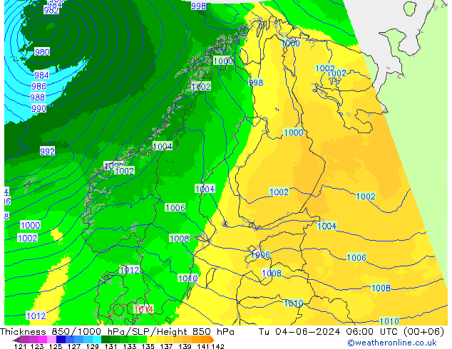 Thck 850-1000 hPa UK-Global 星期二 04.06.2024 06 UTC