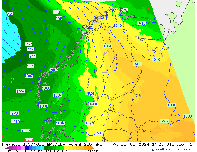 Schichtdicke 850-1000 hPa UK-Global Mi 05.06.2024 21 UTC