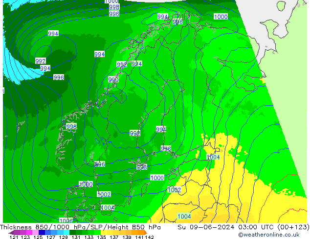 850-1000 hPa Kalınlığı UK-Global Paz 09.06.2024 03 UTC