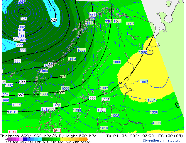 Thck 500-1000гПа UK-Global вт 04.06.2024 03 UTC