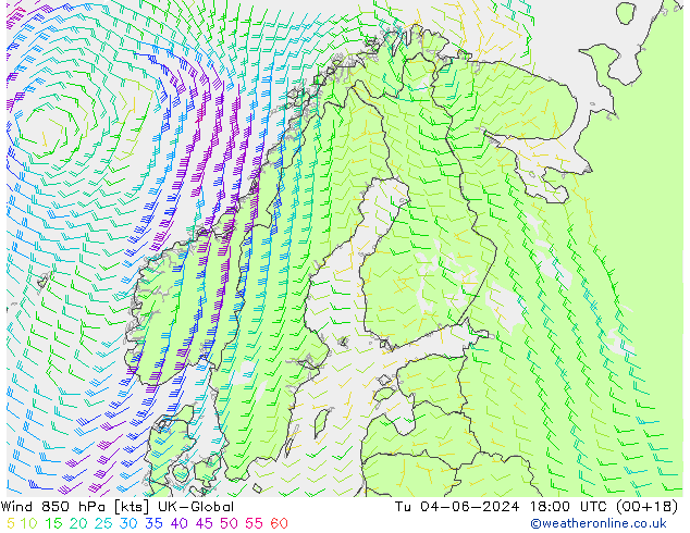 Wind 850 hPa UK-Global Út 04.06.2024 18 UTC