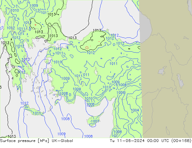 Surface pressure UK-Global Tu 11.06.2024 00 UTC