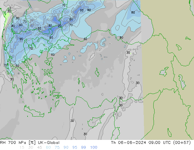 RH 700 hPa UK-Global czw. 06.06.2024 09 UTC