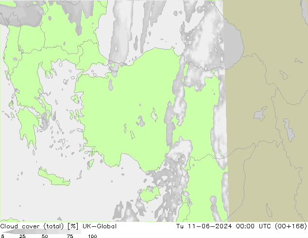 Cloud cover (total) UK-Global Út 11.06.2024 00 UTC