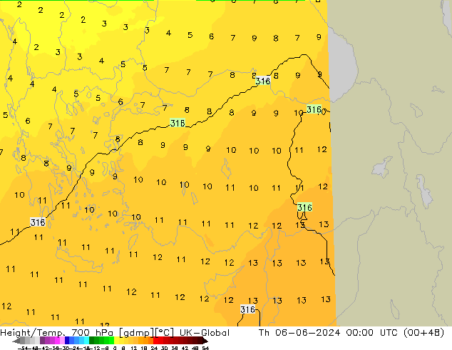 Géop./Temp. 700 hPa UK-Global jeu 06.06.2024 00 UTC