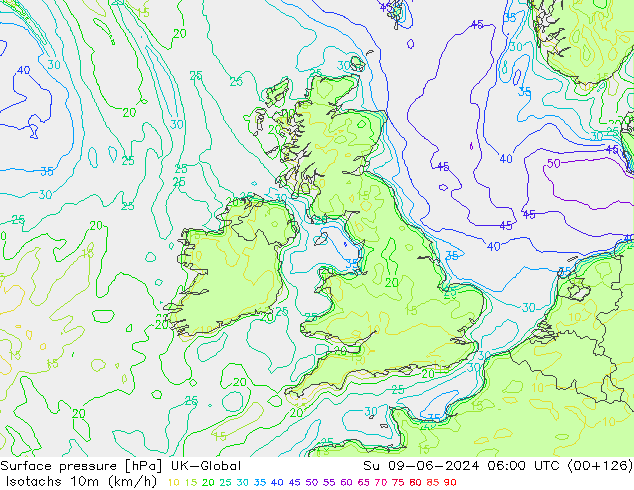 Isotachs (kph) UK-Global Su 09.06.2024 06 UTC