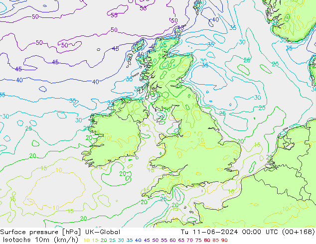 Isotachs (kph) UK-Global Tu 11.06.2024 00 UTC