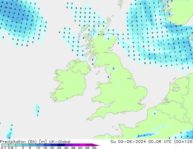 Precipitation (6h) UK-Global Su 09.06.2024 06 UTC