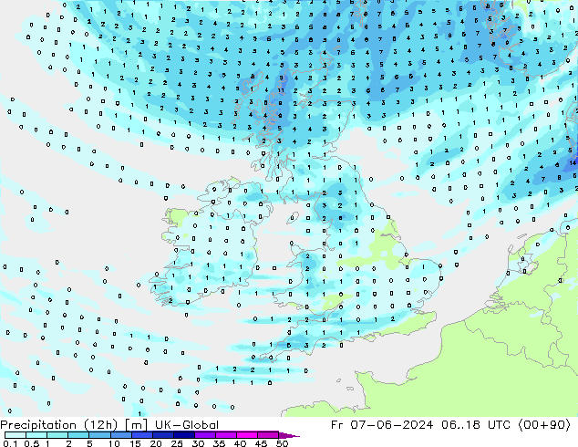 Précipitation (12h) UK-Global ven 07.06.2024 18 UTC