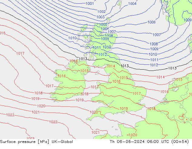 Pressione al suolo UK-Global gio 06.06.2024 06 UTC