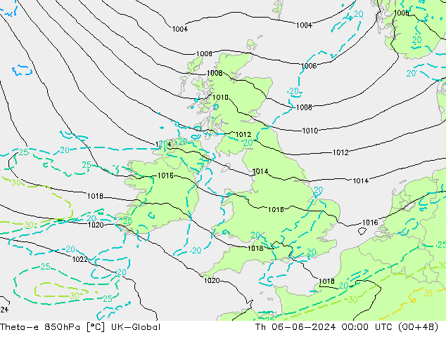 Theta-e 850hPa UK-Global Per 06.06.2024 00 UTC