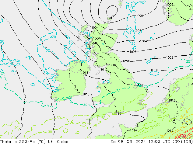Theta-e 850hPa UK-Global za 08.06.2024 12 UTC
