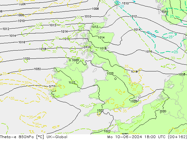 Theta-e 850hPa UK-Global lun 10.06.2024 18 UTC