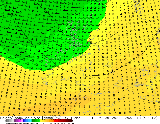 Geop./Temp. 850 hPa UK-Global mar 04.06.2024 12 UTC