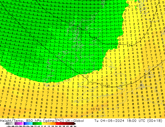 Height/Temp. 850 hPa UK-Global  04.06.2024 18 UTC