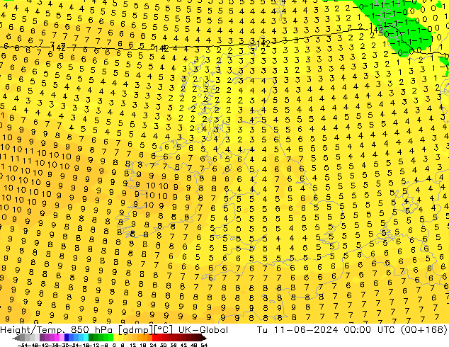 Height/Temp. 850 гПа UK-Global вт 11.06.2024 00 UTC