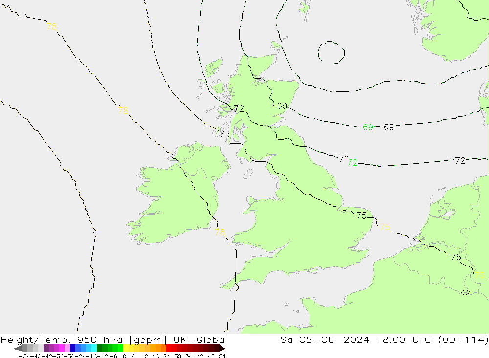 Height/Temp. 950 гПа UK-Global сб 08.06.2024 18 UTC