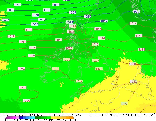 Thck 850-1000 hPa UK-Global Tu 11.06.2024 00 UTC