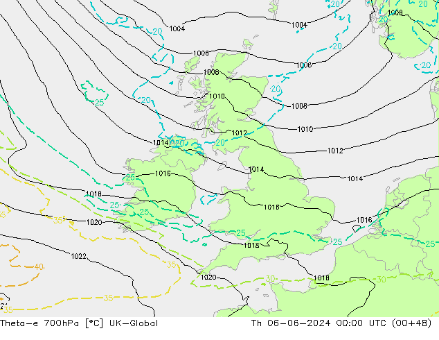 Theta-e 700hPa UK-Global jue 06.06.2024 00 UTC
