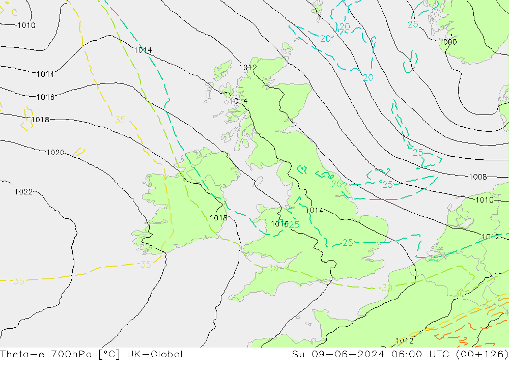 Theta-e 700hPa UK-Global Su 09.06.2024 06 UTC