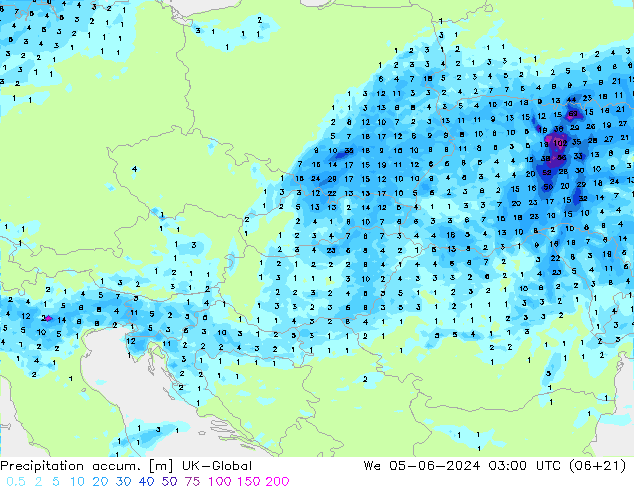 Precipitation accum. UK-Global Qua 05.06.2024 03 UTC