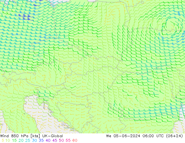 Rüzgar 850 hPa UK-Global Çar 05.06.2024 06 UTC