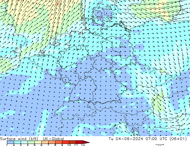 Viento 10 m (bft) UK-Global mar 04.06.2024 07 UTC